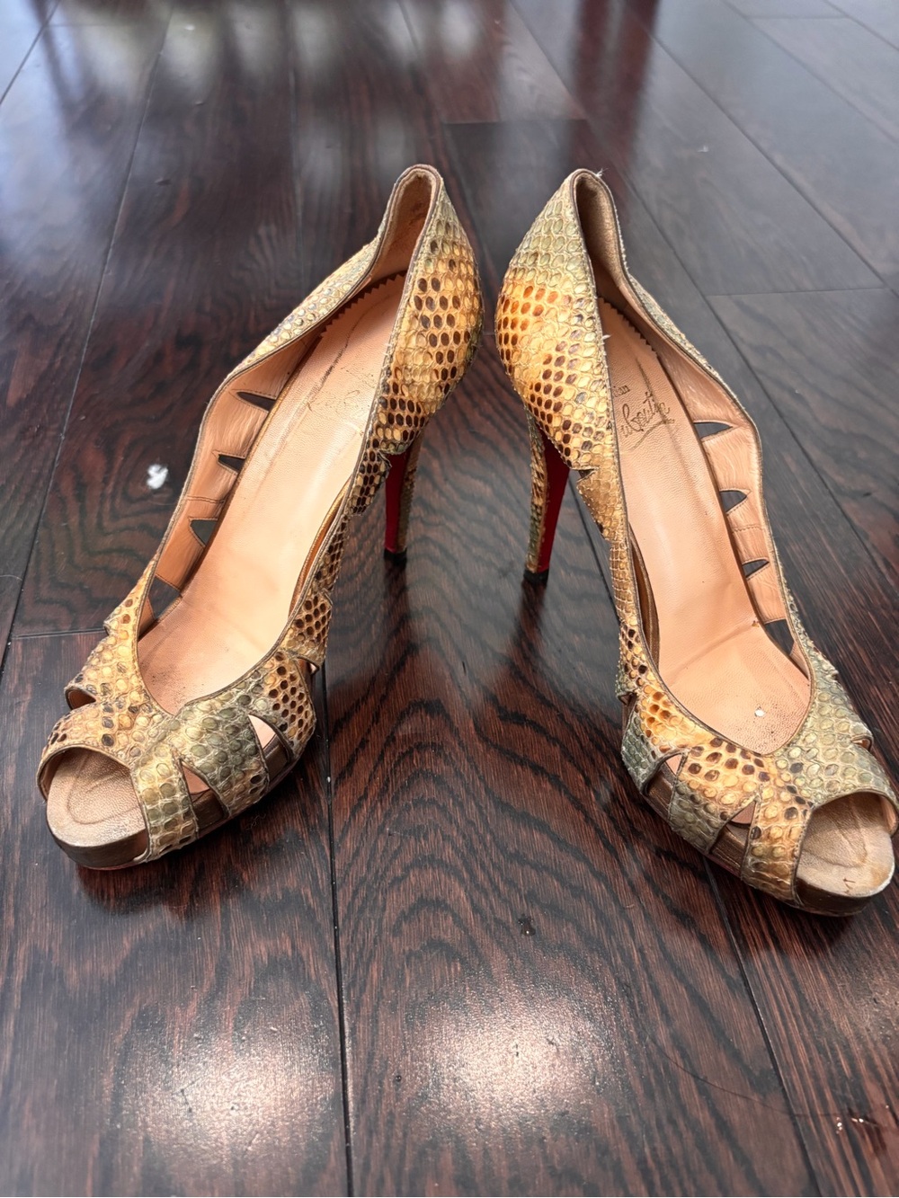 Christian Louboutin Tan Snakeskin Peep-Toe Stiletto Pumps